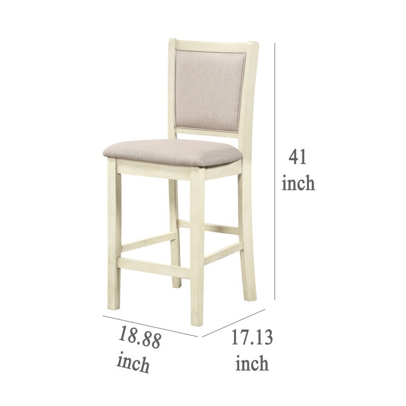 Han Counter Chair Set of 2, Beige Fabric, Ivory Solid Rubberwood - Benzara
