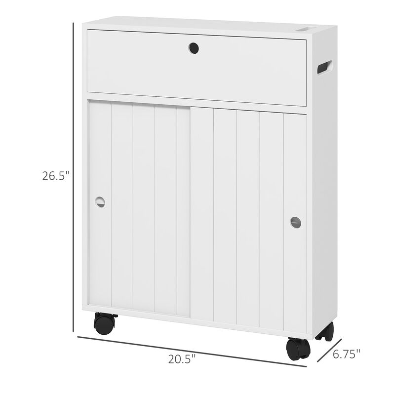 White Toilet Paper Cabinet: Slim, 4 Wheels, Sliding Doors