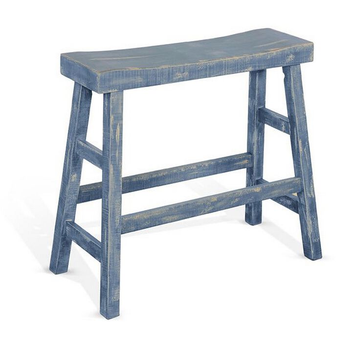 Rena Bar Height Bench, 33 Inch Rustic Ocean Blue Mahogany Wood Frame - Benzara