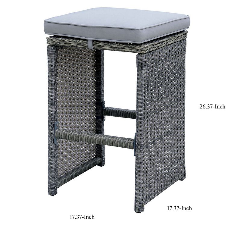 6 Piece Patio Bar Stool In Aluminum Wicker Frame And Padded Fabric Seat, Gray-Benzara