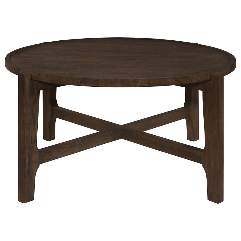Katie Coffee Table, Round 38 Inch Top, Dark Brown Wood, Cross Beam Legs - Benzara