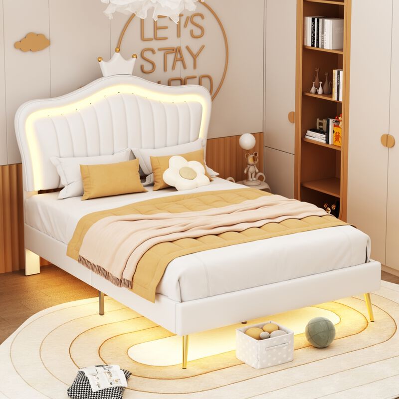 LED Light Upholstered Bed Frame & Crown Headboard