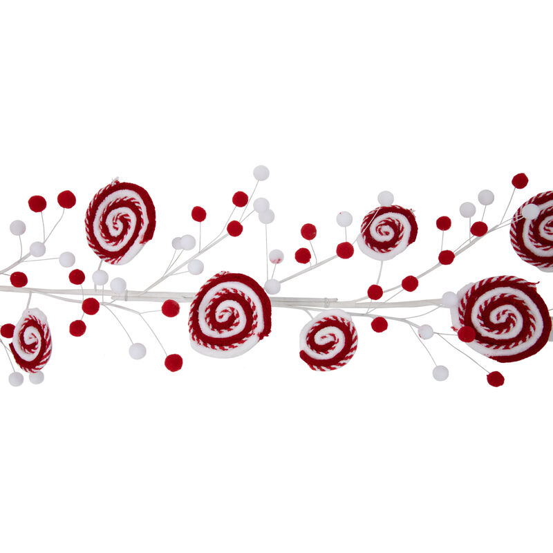 30" Red and White Striped Candy Cane Swirls and Pom Poms Christmas Pick