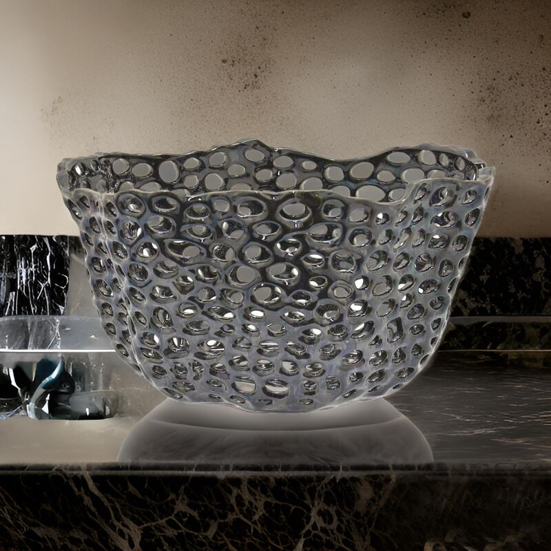 Hina 14 Inch Decorative Bowl, Mesh Design, Wavy Edges, Ceramic Blue Finish - Benzara