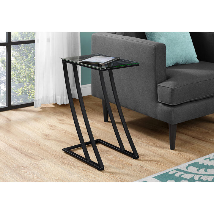 Monarch Specialties I 3089 Accent Table, C-shaped, End, Side, Snack, Living Room, Bedroom, Metal, Tempered Glass, Black, Contemporary, Modern
