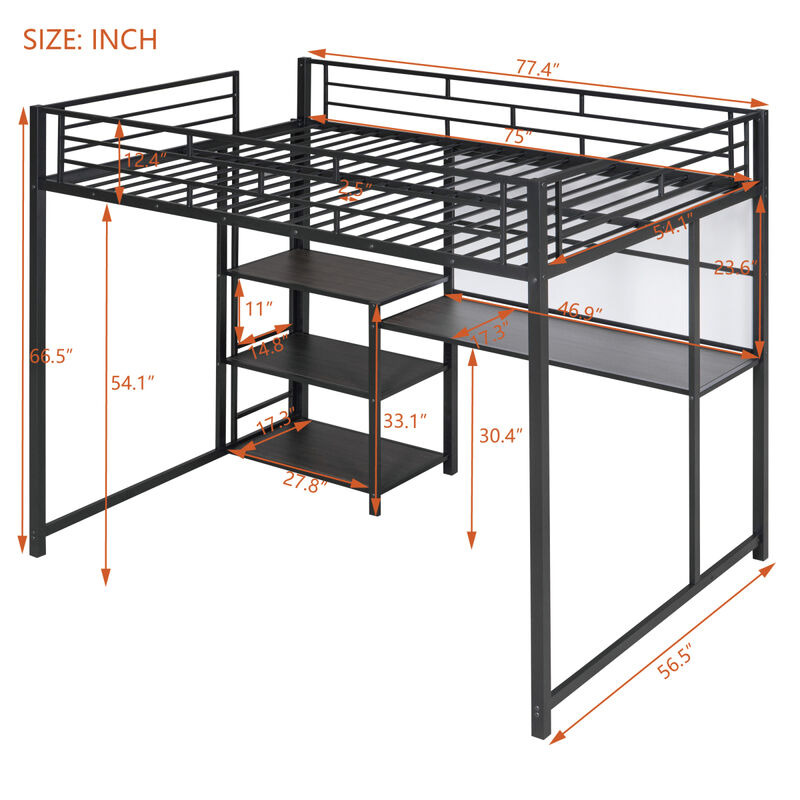 Full Size Loft Bed With Desk And Board, Metal Loft Bed With 3 Shelves And Ladder