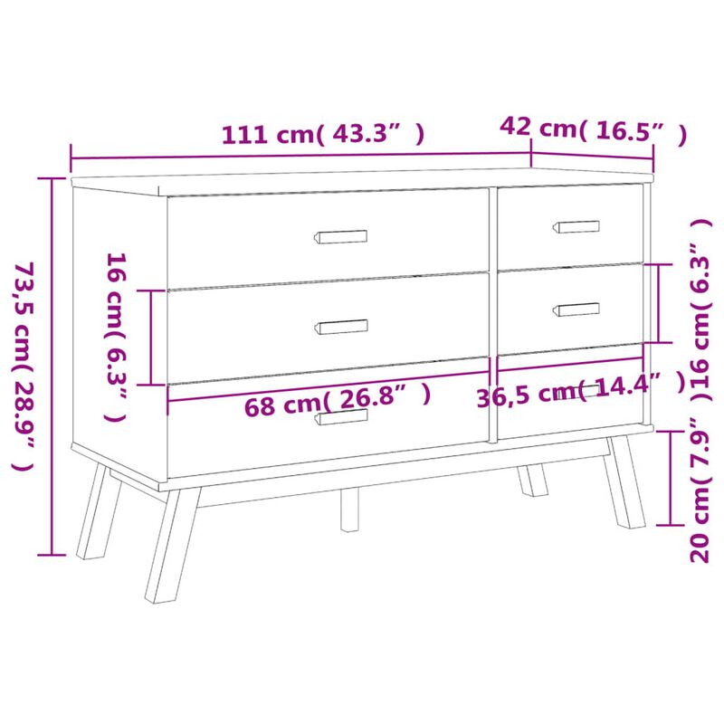 Sideboard Cabinet Dresser, 6 Drawers, Modern 44 Inch Brown Solid Wood - Benzara