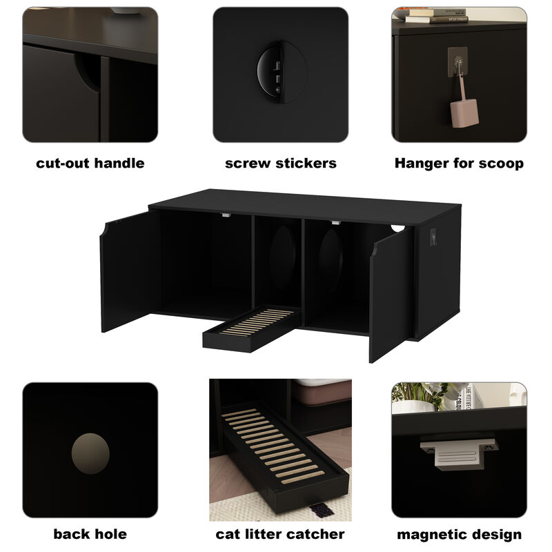 Cat Litter Box Enclosure for 2 Cats, Wood Stackable Cat Washroom Storage Bench End Table Furniture, Black