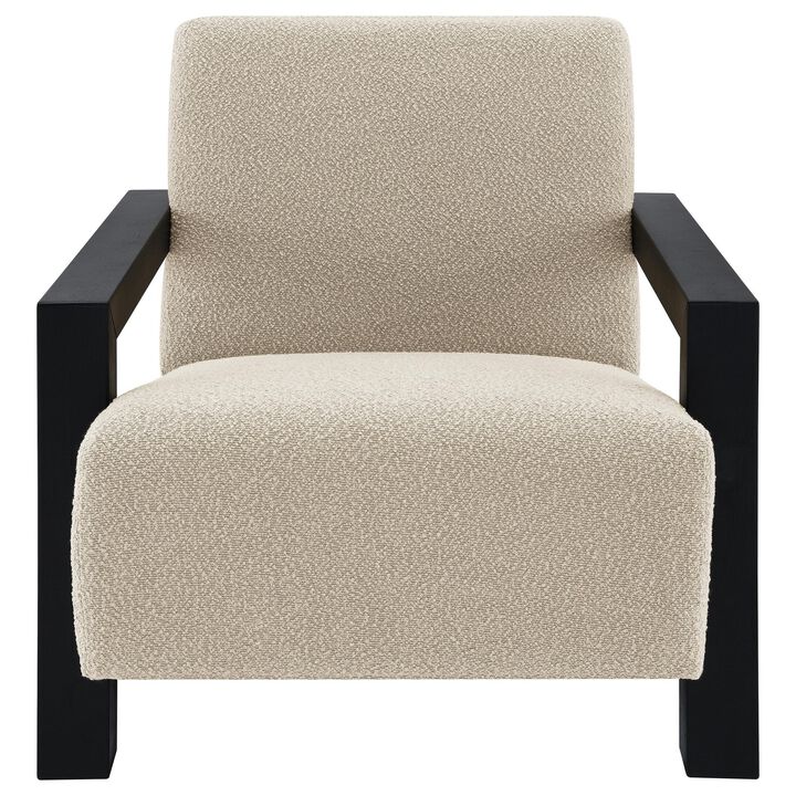 Fitz Accent Chair, Soft Latte Beige Boucle Cushions, Black Wood Arms - Benzara