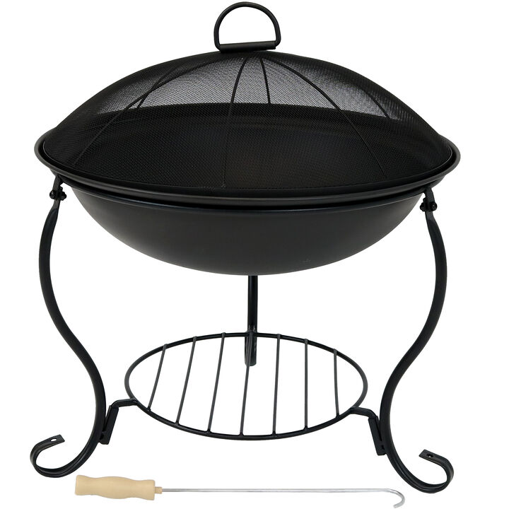 Sunnydaze 18 in Steel Fire Pit Bowl with Stand, Screen, Grate, and Poker