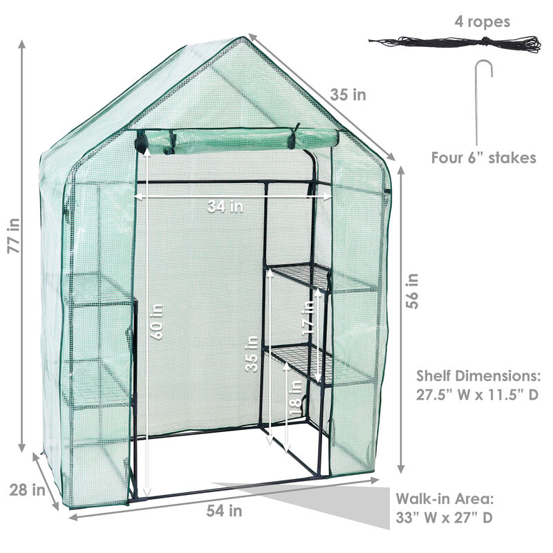 Sunnydaze Small Iron PE Cover Walk-In Greenhouse with 4 Shelves - Green