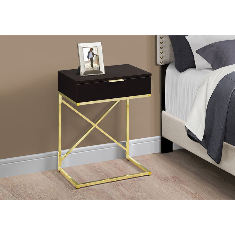 Monarch Specialties I 3476 Accent Table, Side, End, Nightstand, Lamp, Storage Drawer, Living Room, Bedroom, Metal, Laminate, Brown, Gold, Contemporary, Modern