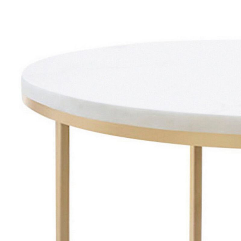 24 Inch Side End Table, Rounded Marble Surface, Sleek Gold Metal Frame-Benzara