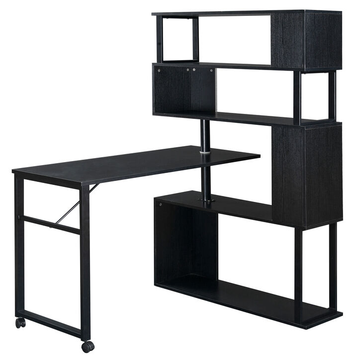 L-Shaped Desk with Rotating Table and Bookshelf