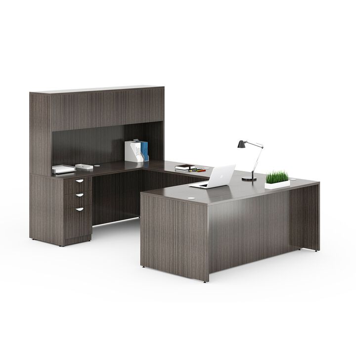 Boss Office Products 66 Inch Executive U-Shape Desk with Box/Box/File Storage Pedestal and 4 door Hutch, Mocha