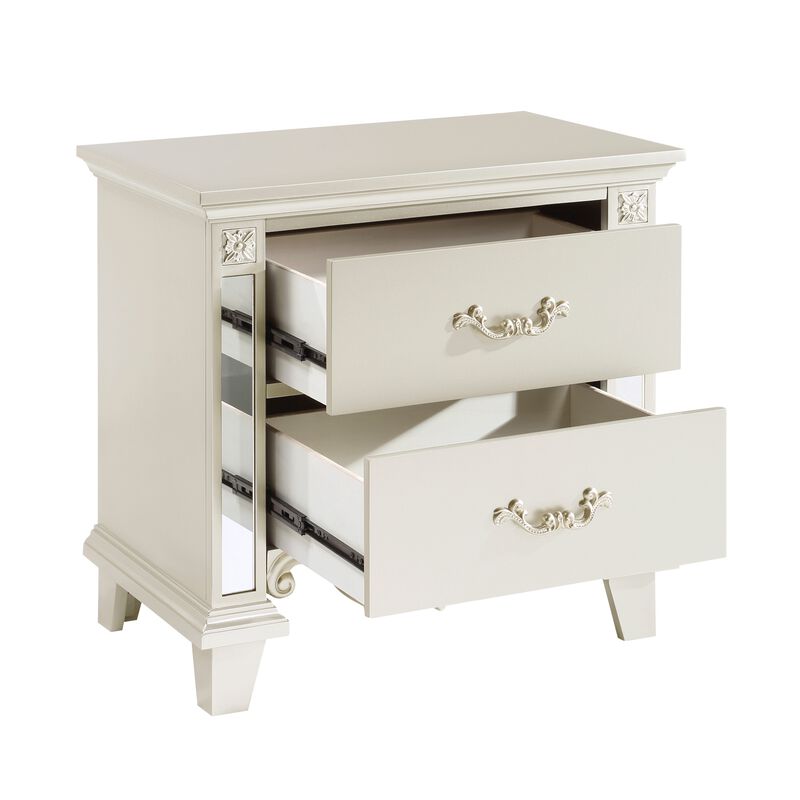 Xeni 28 Inch Nighstand, 2 Drawers, Scrolled and Mirror Accent, Champagne - Benzara