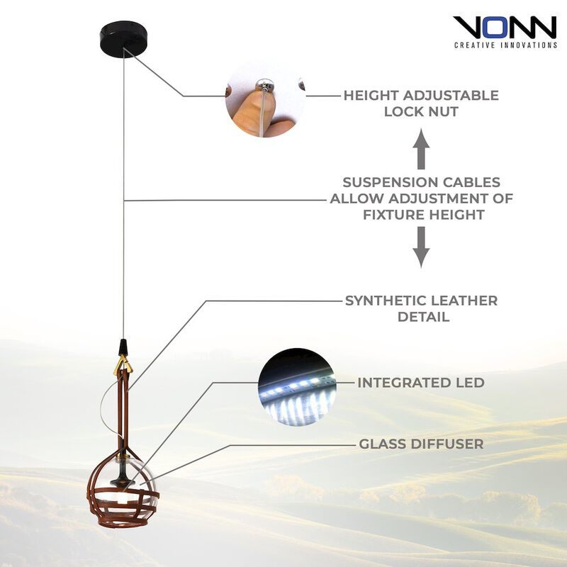 VONN Lighting Integrated LED Height Adjustable Pendant Light with Glass Shade in Antique Brass