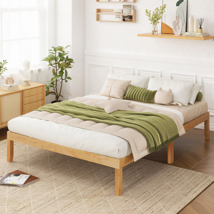 Wood Bed Frame with Wooden Slats Support and Rubber Wood Legs