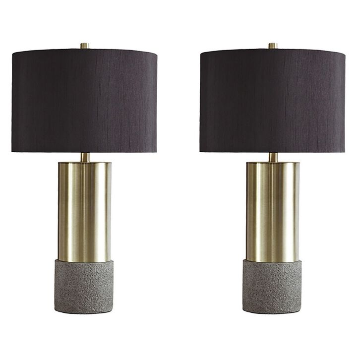 Faux Concrete and Metal Base Table Lamp, Set of 2, Brass and Gray-Benzara