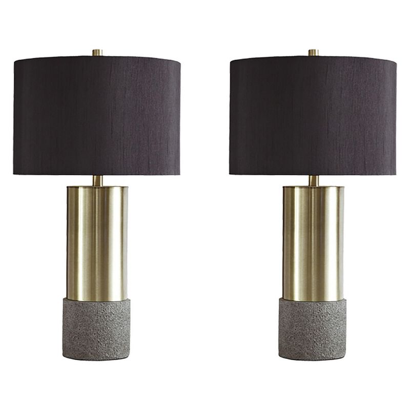 Faux Concrete and Metal Base Table Lamp, Set of 2, Brass and Gray-Benzara