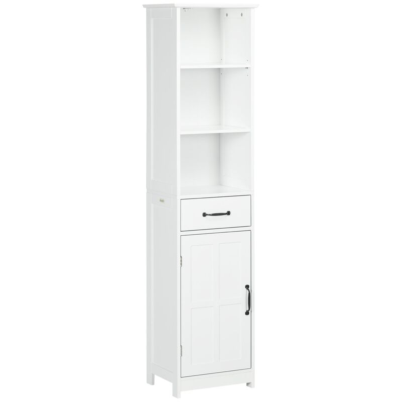 White Bathroom Storage: Narrow Cabinet with Open Shelves & Drawer