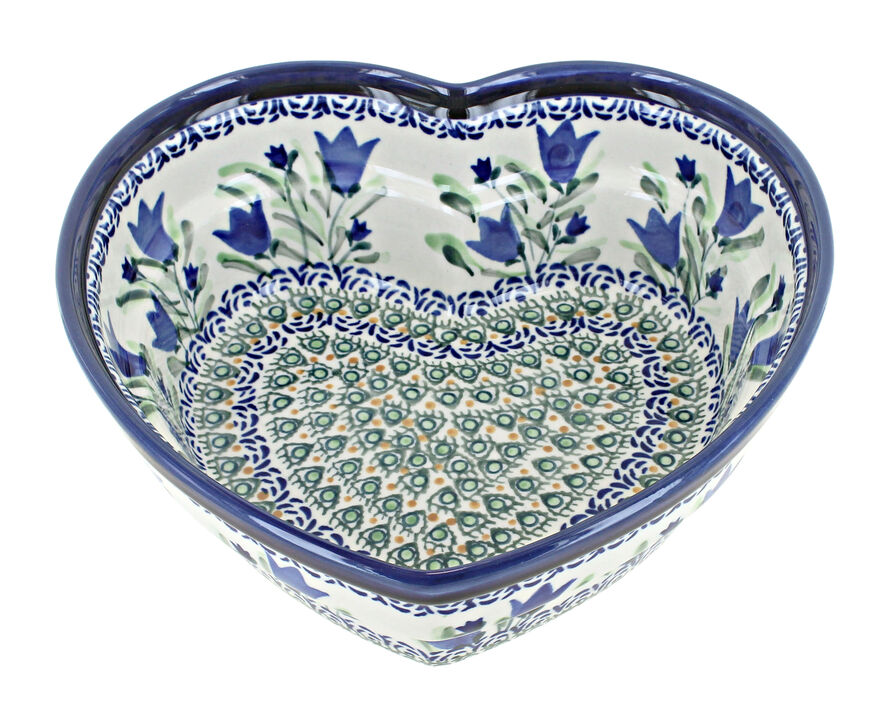 Blue Rose Polish Pottery Mosaic Flower Large Heart Bowl