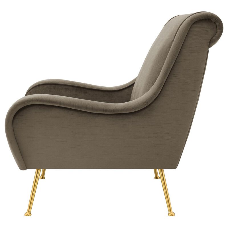 Rik 31 Inch Accent Armchair, Metal Legs, Velvet, Truffle Brown and Gold - Benzara