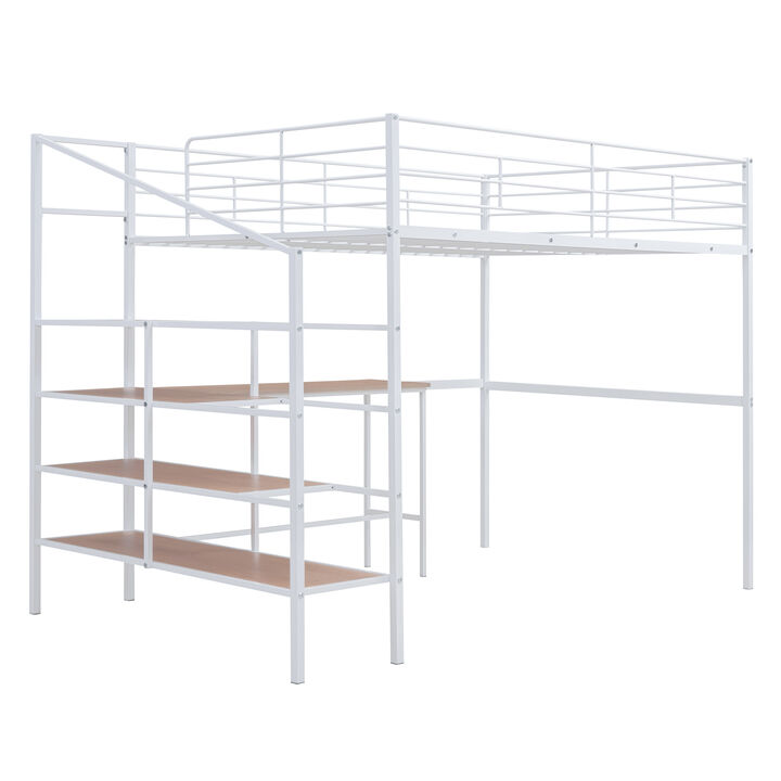 Full Size Metal Loft Bed With Desk And Lateral Storage Ladder