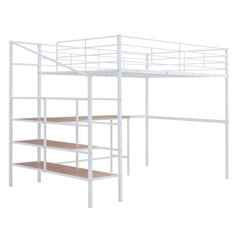 Full Size Metal Loft Bed With Desk And Lateral Storage Ladder