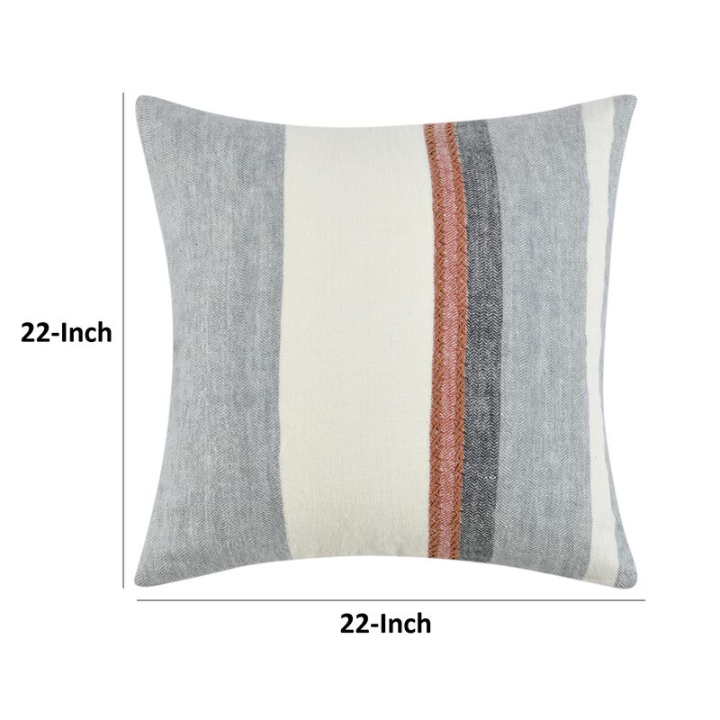 Throw Pillow, Coastal Modern Striped Pattern, 22 Inch Blue Flax Linen - Benzara