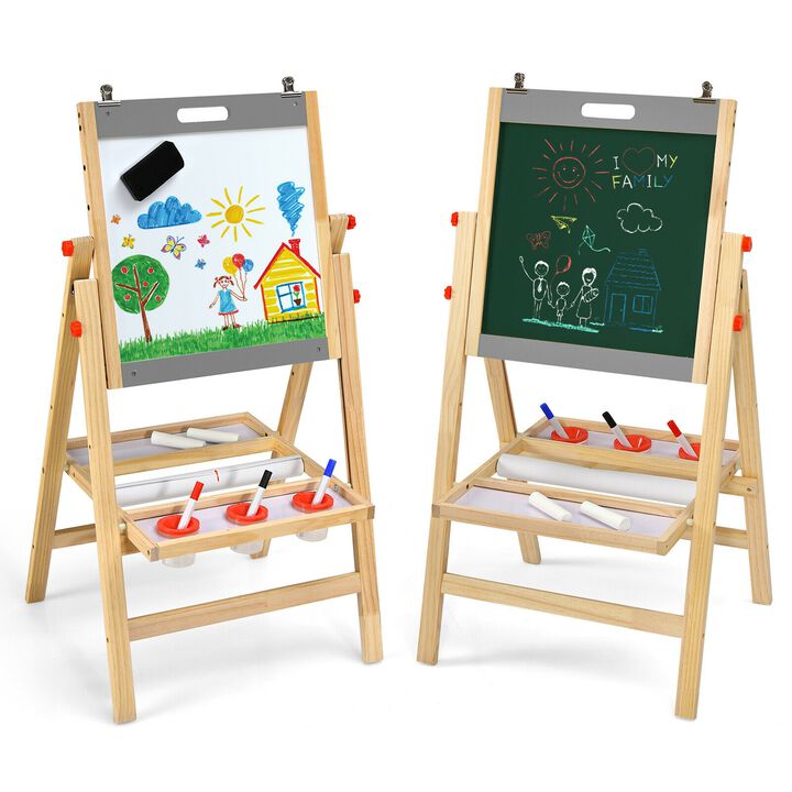 Kids Art Easel with Paper Roll Double Sided Chalkboard and Whiteboard-Grey