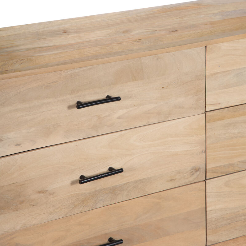 Geti 6 Drawers, 66 Inch Wide Dresser, Handcrafted Natural Oak White Mango Wood, Black Handles