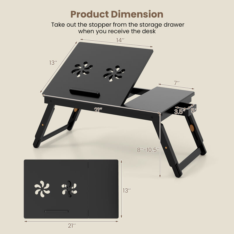 Adjustable Wicker Laptop Desk with Tilting Top and Drawer