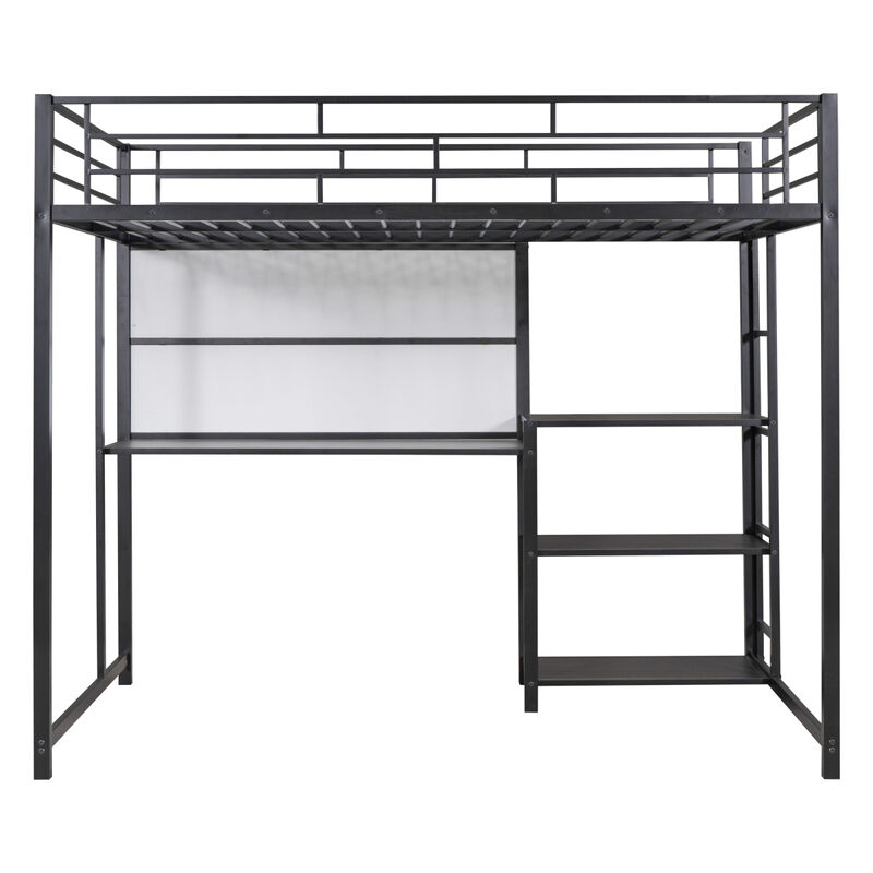 Full Size Loft Bed With Desk And Board, Metal Loft Bed With 3 Shelves And Ladder