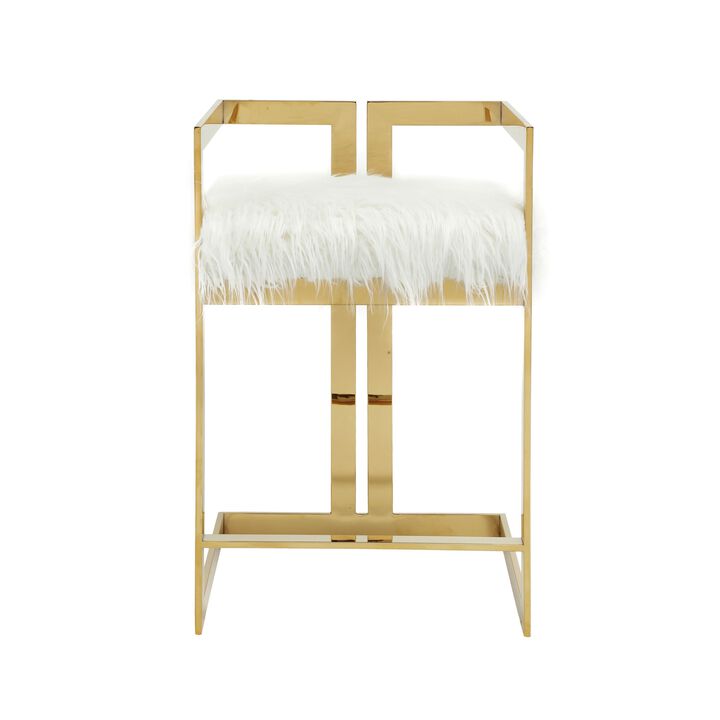 Suki 26 Inch Counter Height Chair, White Faux Fur, Gold Cantilever Base - Benzara