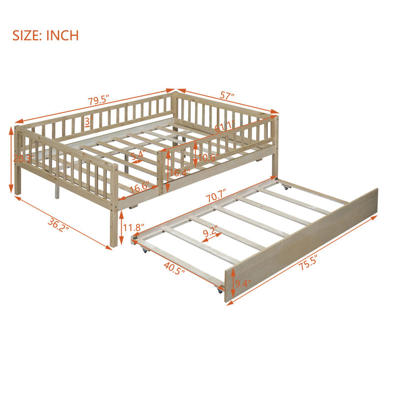 Full Size Wood Daybed With Trundle And Fence Guardrails