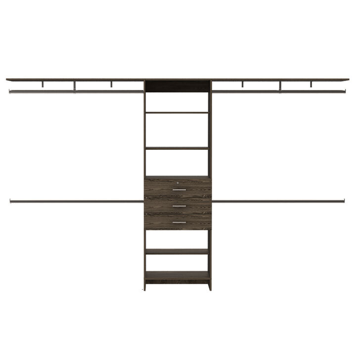DEPOT E-SHOP Zamora 69"W - 118"W Closet System, Four Hanging Rods, Three Drawers, Five Shelves, Dark Walnut