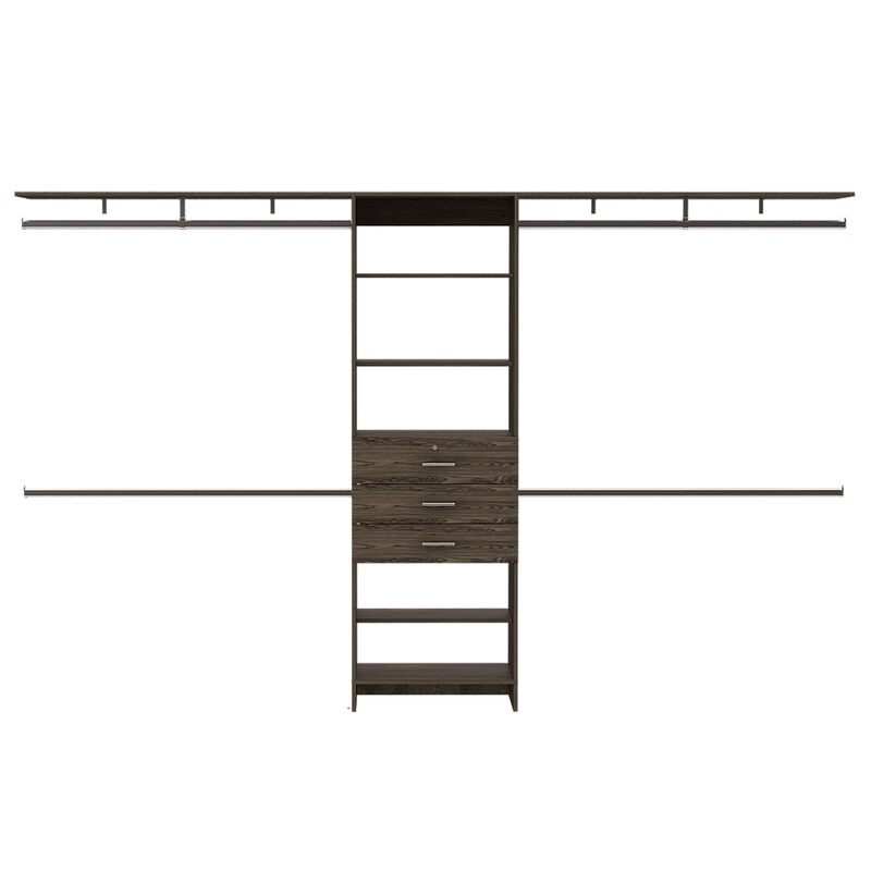 DEPOT E-SHOP Zamora 69"W - 118"W Closet System, Four Hanging Rods, Three Drawers, Five Shelves, Dark Walnut