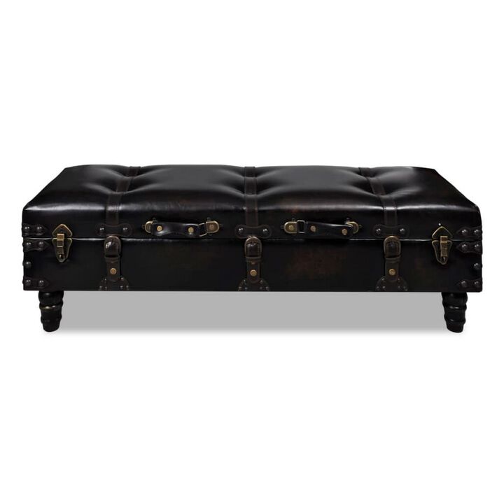 Storage Bench Ottoman, Solid Wood, Black Tufted Faux Leather, 44 Inch - Benzara