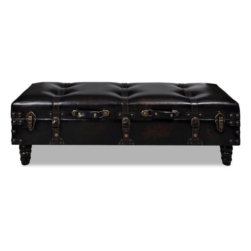 Storage Bench Ottoman, Solid Wood, Black Tufted Faux Leather, 44 Inch - Benzara