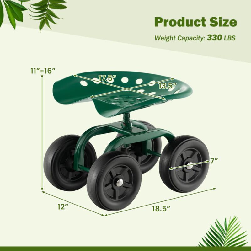 Hivvago Garden Rolling Workseat with 360Â°Swivel Seat and Adjustable Height-Green
