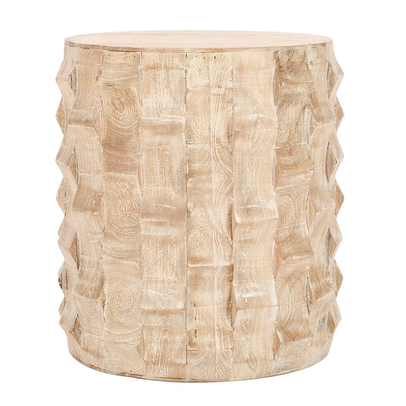 20 Inch Side End Table, Round Drum Shape with 3D Textured Design, Distressed White Finish - Benzara
