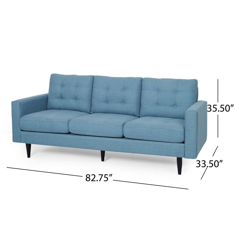 Apex Sofa, 3 Seater, 83 Inch, Button Tufted, Light Blue Fabric, Black - Benzara