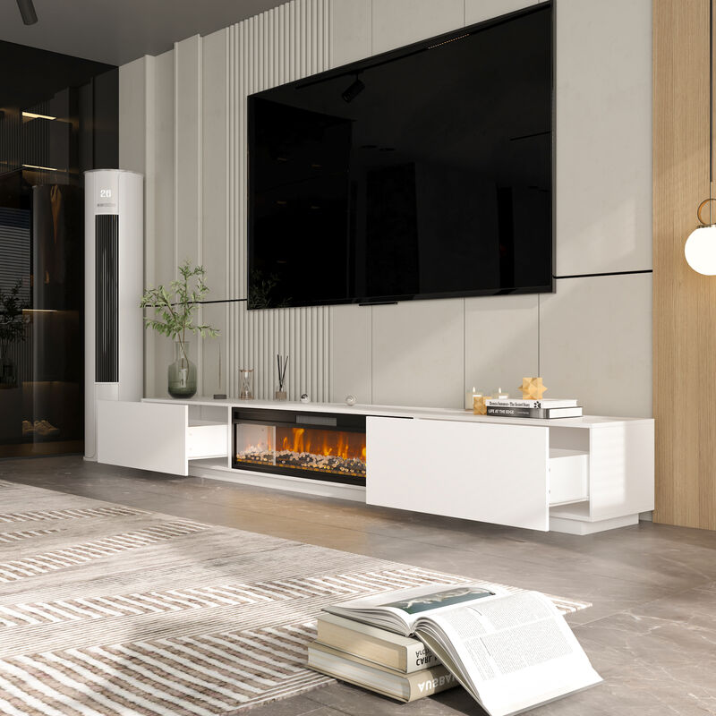 FUFU&GAGA 2-Drawer 1-Shelf TV Cabinet with Electric Fireplace (109.4" W x 15.7" D x 14.9" H), White