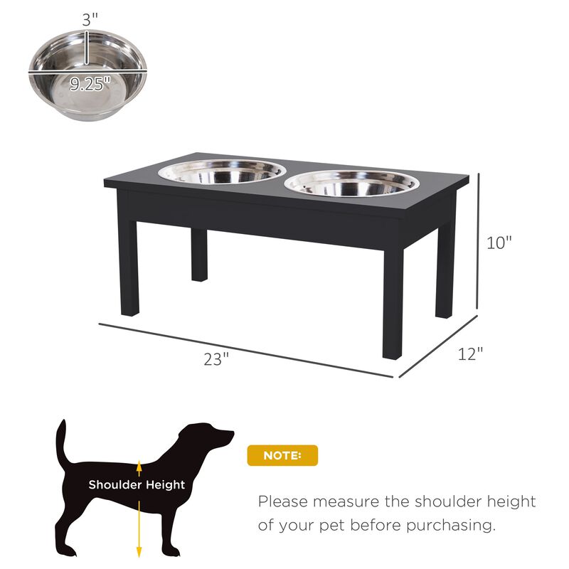 Black Canine Diner: 23"L Wooden Stand with Stainless Steel Pet Bowls