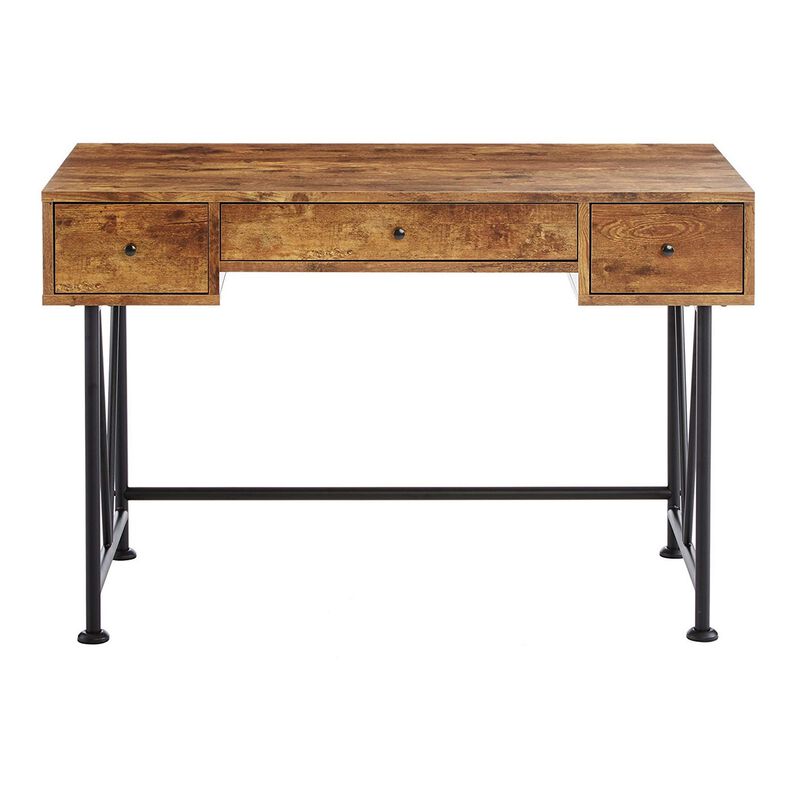 48 Inch Chic Wood Writing Desk 3 Drawer, Rustic, Metal Base, Antique Brown-Benzara