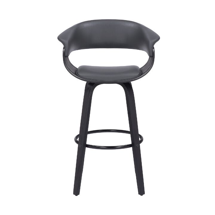 26 Inch Swivel Faux Leather Barstool with Curved Open Back, Gray-Benzara