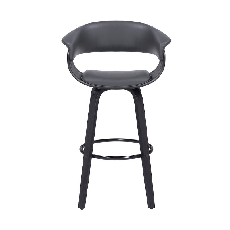 26 Inch Swivel Faux Leather Barstool with Curved Open Back, Gray-Benzara