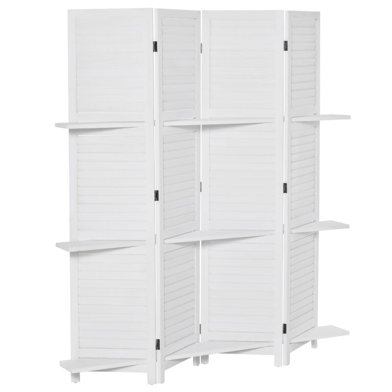 White Room Divider: 67" 4-Panel Portable Screen with Display Shelves