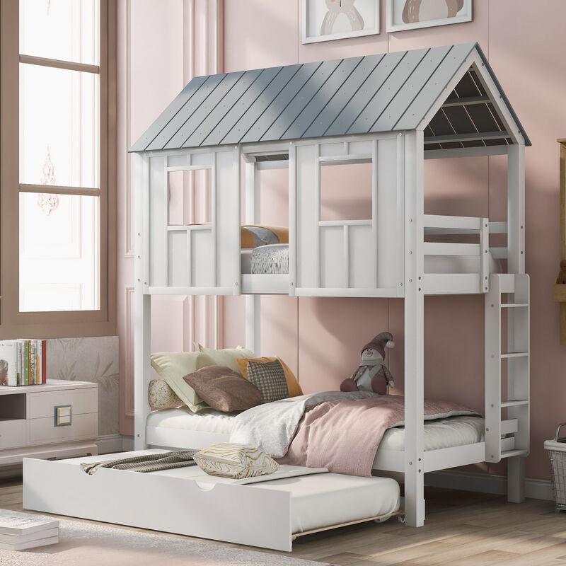 House Bunk Bed With Trundle, Roof And Windows Twin